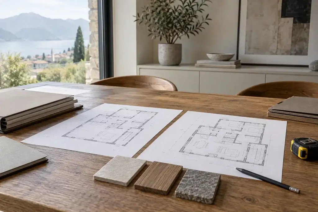 Due serie di elaborati di progetto affiancati a campioni di finiture su un tavolo