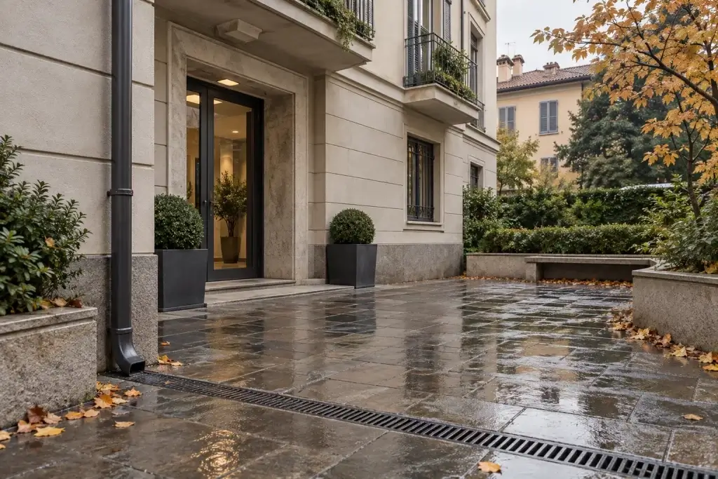 Cortile di un edificio dopo la pioggia con pluviale e griglia di raccolta dell’acqua
