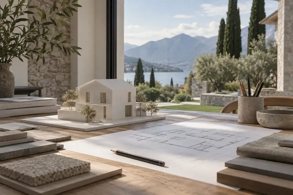 Modello architettonico di una casa su un tavolo con disegni e campioni di materiali