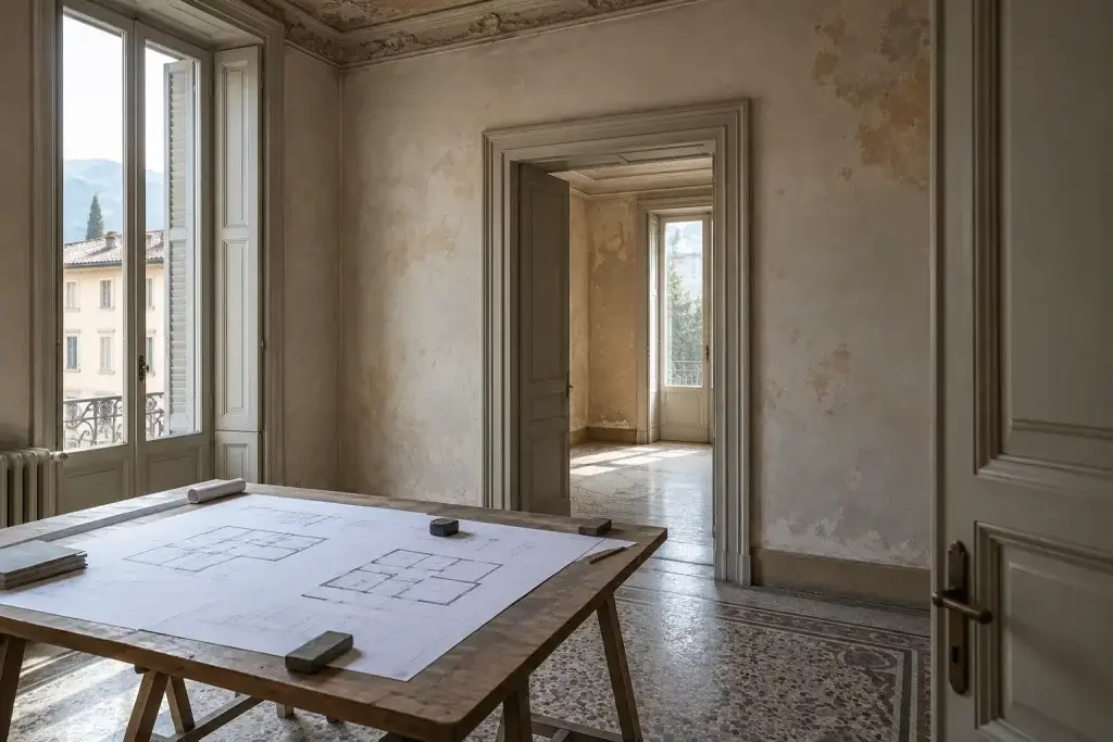 Appartamento prima della ristrutturazione con parete interna integra ed elaborati di progetto