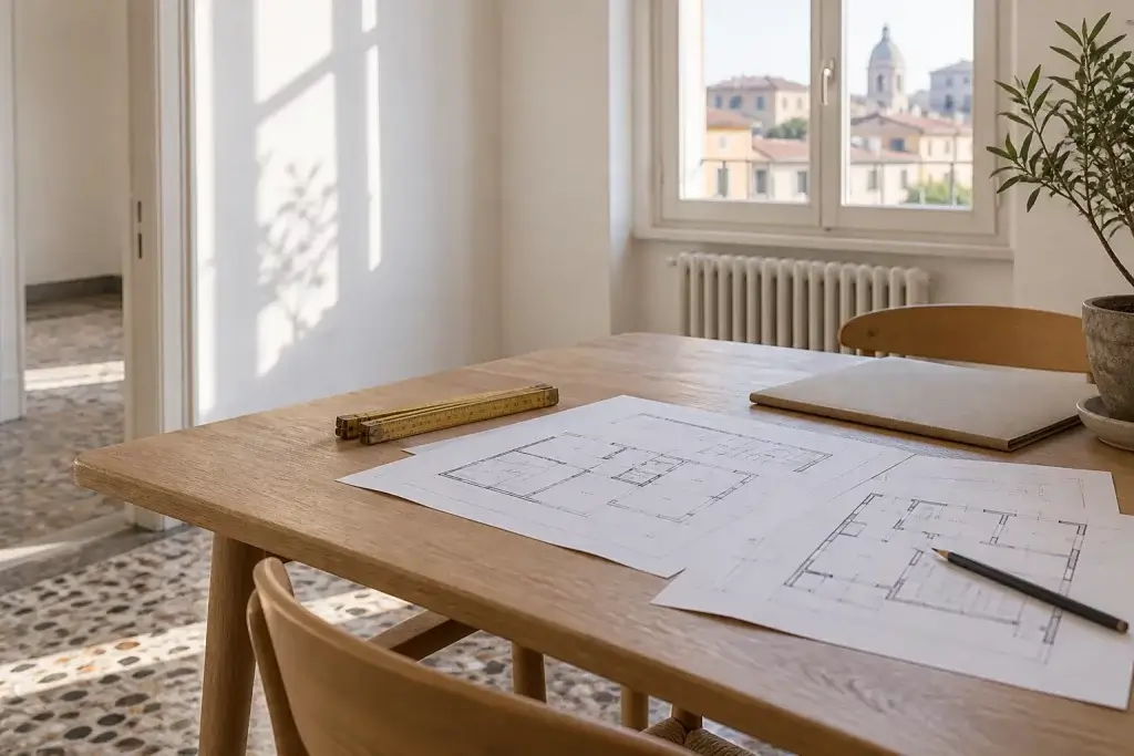 Planimetrie e strumenti di misura su un tavolo in un appartamento da ristrutturare