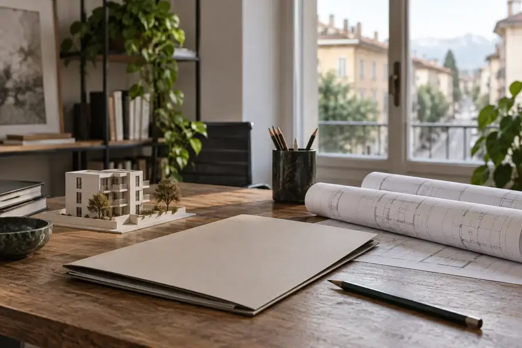 Documenti e disegni di progetto su un tavolo nello studio di un professionista
