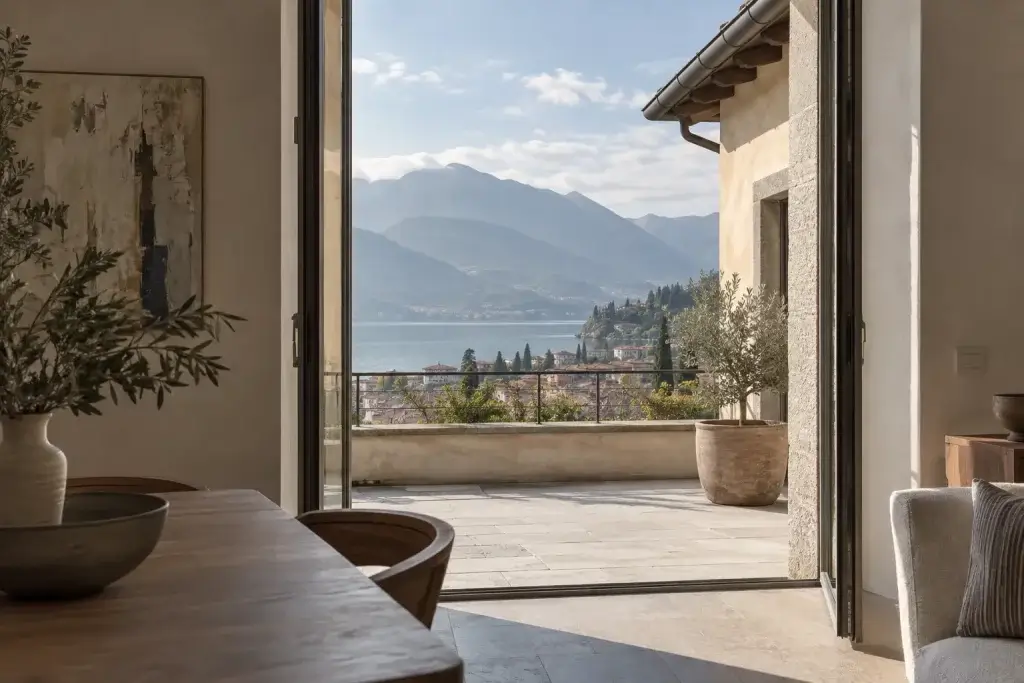 Vista dall’interno di un’abitazione verso una facciata esterna attraverso una portafinestra