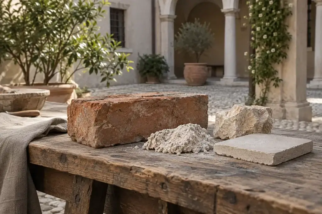 Campioni di laterizio, malta, pietra e intonaco su un banco in un cortile storico