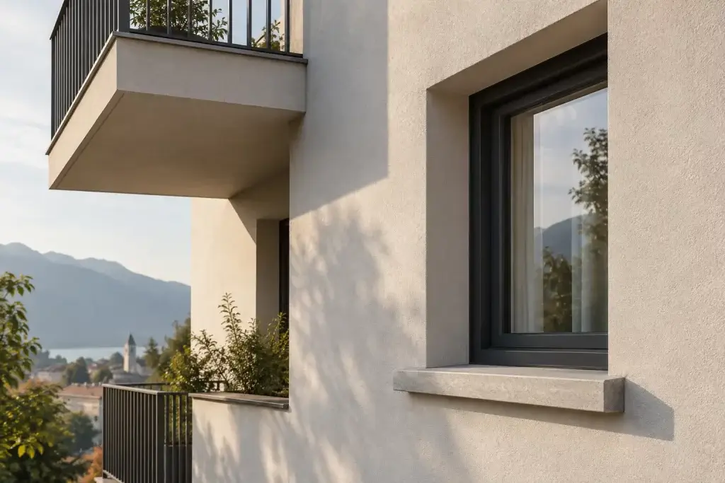 Dettaglio di una facciata con finestra rientrante, davanzale e balcone adiacente