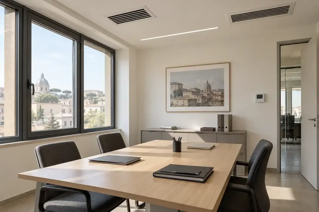 Illustrazione di un ufficio con bocchette di ventilazione a soffitto e sensore ambientale a parete.