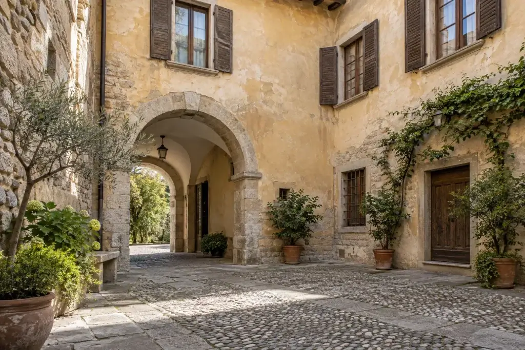 Cortile storico con intonaco invecchiato, muratura in pietra e arco tradizionale