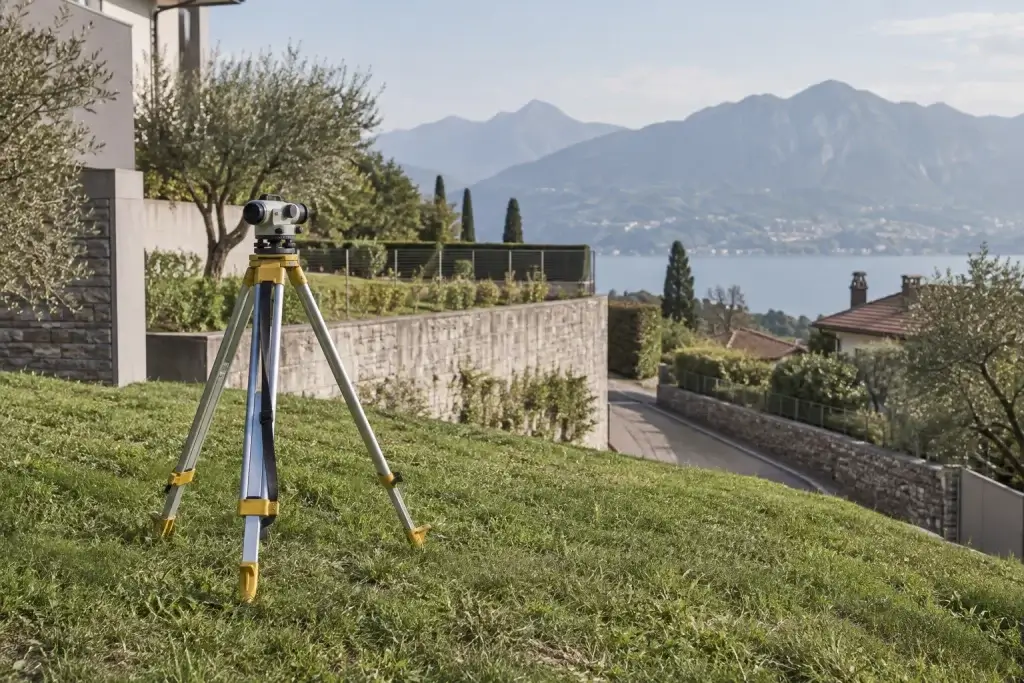 Strumento topografico su treppiede in un terreno con dislivelli verso la strada