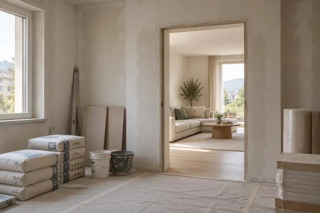 Stanza in ristrutturazione con pavimento protetto e ambiente finito visibile oltre la porta