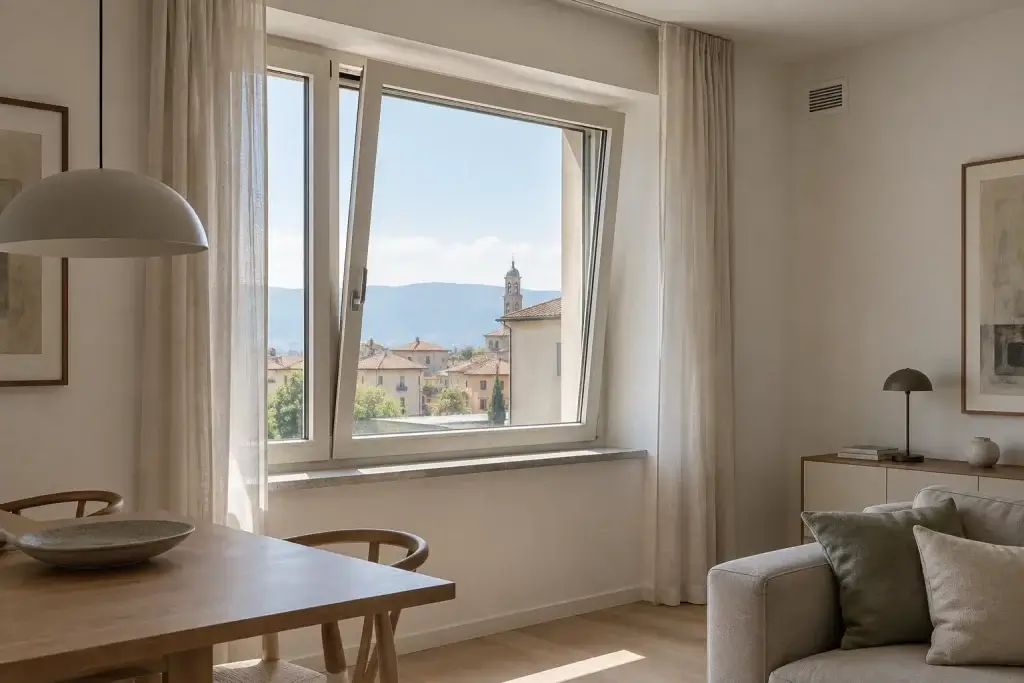 Interno luminoso con finestra a ribalta aperta e griglia di ventilazione a parete