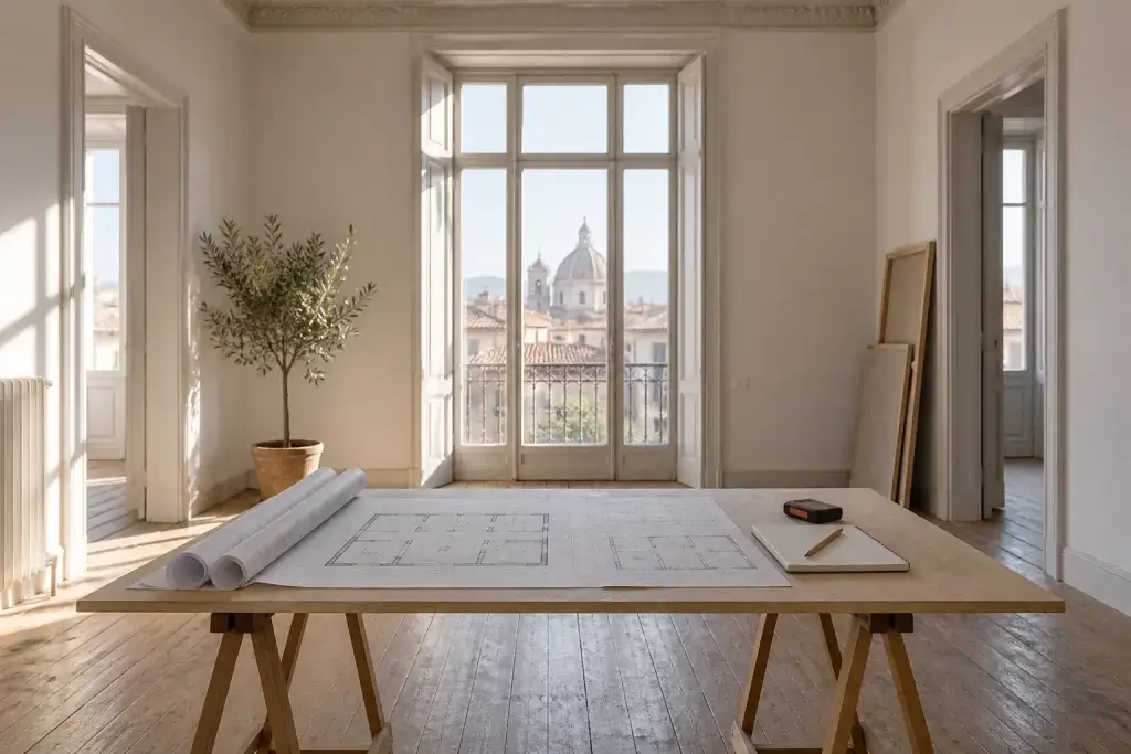 Tavolo da sopralluogo con disegni e strumenti in un appartamento vuoto