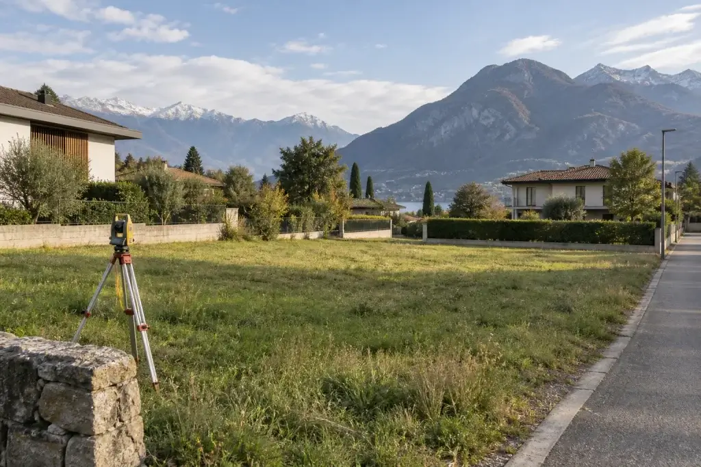 Terreno erboso vicino a case e strada con strumento di rilievo su treppiede